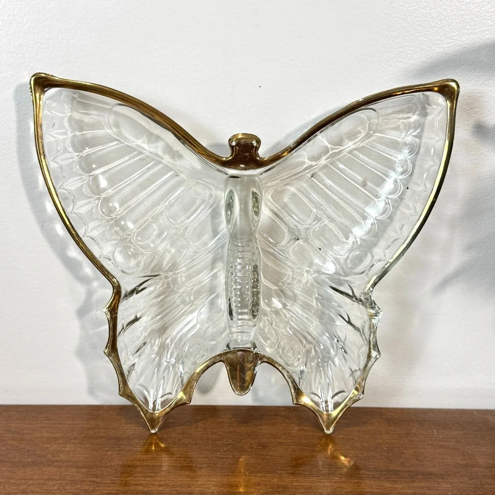 Vintage Clear Glass Butterfly Divided Candy Nut Dish Gold Trim Mid Century